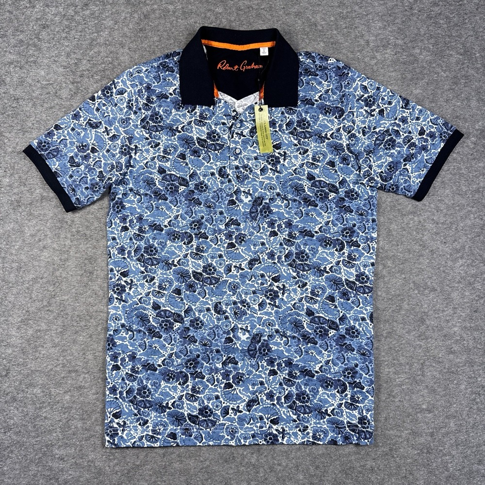 Robert Graham Polo Shirt Mens Small Floral Print Blue Black Coral